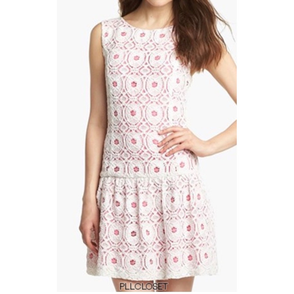 NWT Kensie White Lace Hot Pink Lining Drop Waist Mini Dress Women's Size XSmall